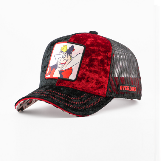 Black and red cap with a cartoon character patch on a white background