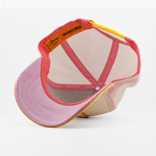 Pink and yellow trucker hat with mesh back on a white background