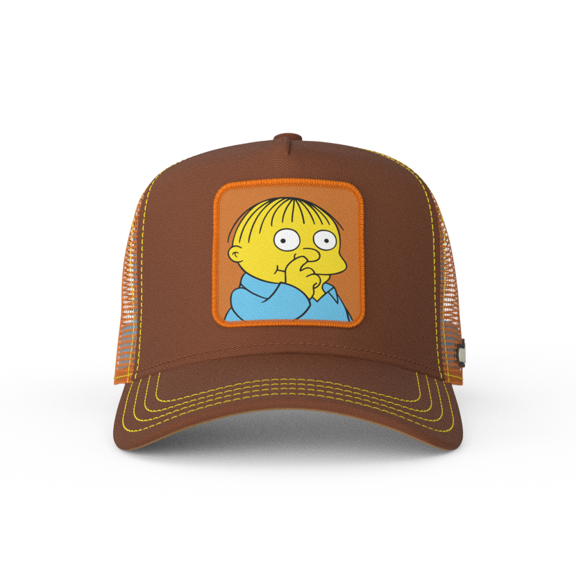 Brown OVERLORD X The Simpsons Ralph Wiggum picking his nose trucker baseball cap hat with yellow stitching. PVC Overlord logo.