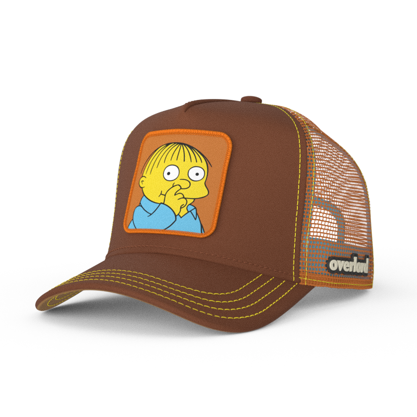 Brown OVERLORD X The Simpsons Ralph Wiggum picking his nose trucker baseball cap hat with yellow stitching. PVC Overlord logo.