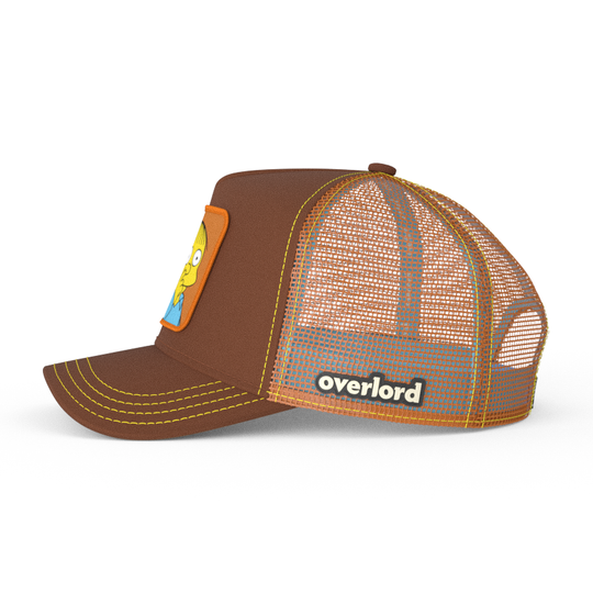 Brown OVERLORD X The Simpsons Ralph Wiggum picking his nose trucker baseball cap hat with brown mesh. PVC Overlord logo.