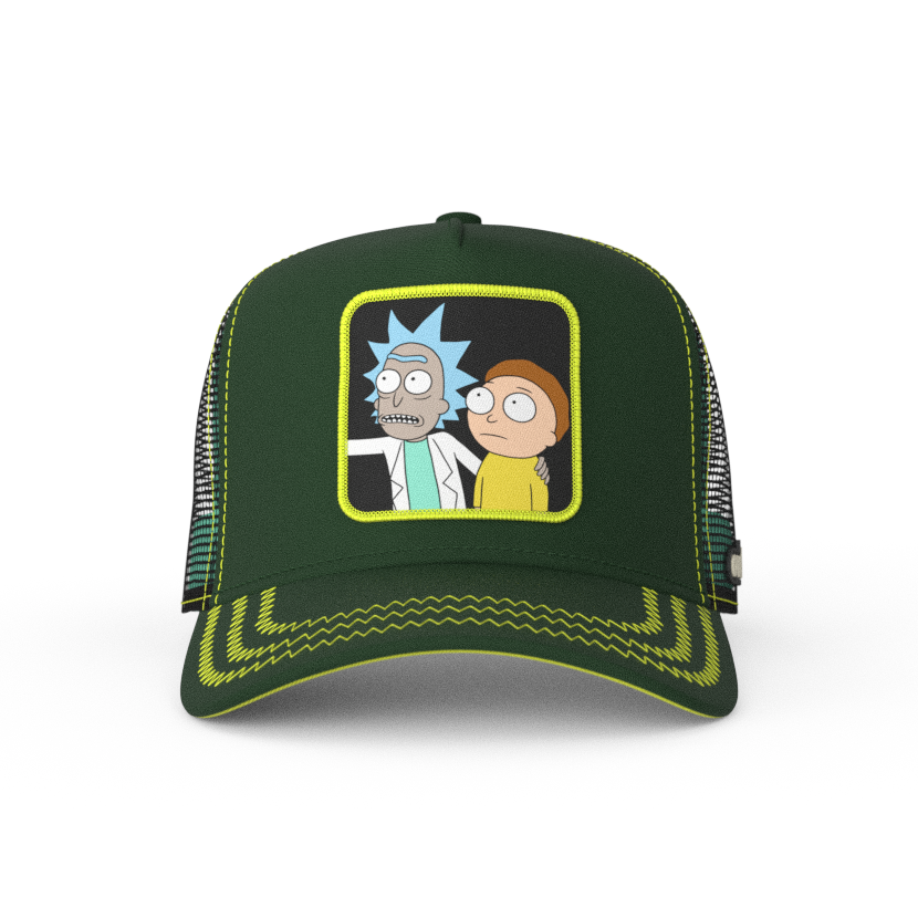 Dark Green OVERLORD X Rick & Morty duo trucker baseball cap hat with lime green zig zag stitching. PVC Overlord logo.