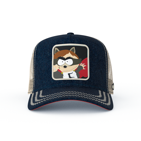 Dark blue denim OVERLORD X South Park Cartman Coon trucker baseball cap hat with khaki zig zag stitching. PVC Overlord logo.