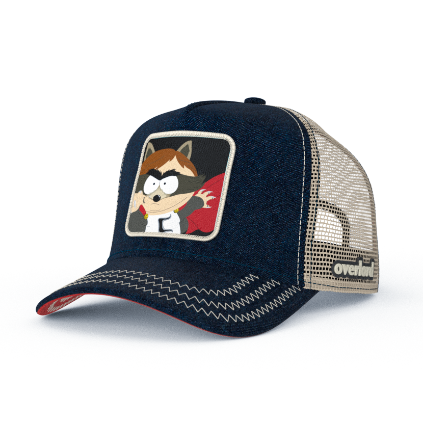 Dark blue denim OVERLORD X South Park Cartman Coon trucker baseball cap hat with khaki zig zag stitching. PVC Overlord logo.