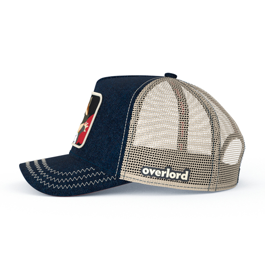 Dark blue denim OVERLORD X South Park Cartman Coon trucker baseball cap hat with khaki mesh. PVC Overlord logo.