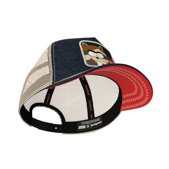 Dark blue denim OVERLORD X South Park Cartman Coon trucker baseball cap hat with black sweatband and red under brim.