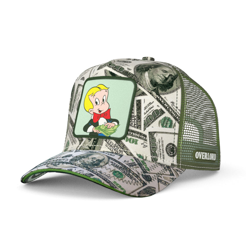 Trucker cap with Richie Rich patch, one hundred dollar bill pattern all over on the crown and brim.