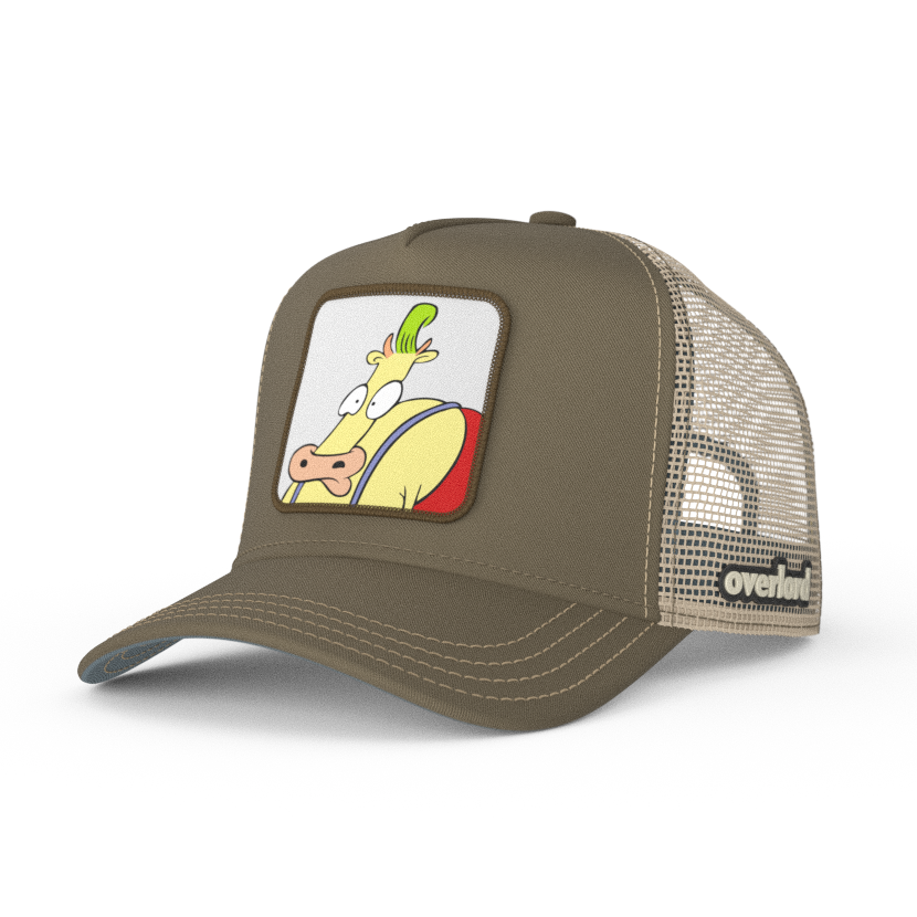 Dark tan OVERLORD X Rocko's Modern Life Heffer Wolfe trucker baseball cap hat with khaki stitching. PVC Overlord logo.