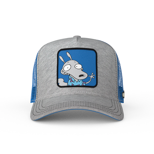 Heather gray jersey OVERLORD X Rocko's Modern Life Rocko trucker baseball cap hat with black stitching. PVC Overlord logo.