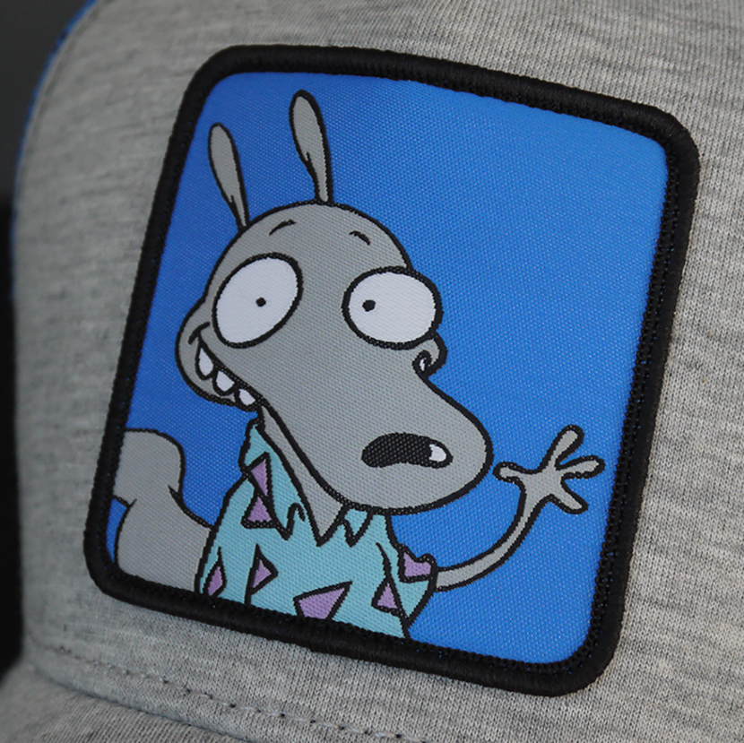 Heather gray jersey OVERLORD X Rocko's Modern Life Rocko trucker baseball cap hat woven Overlord patch closeup.