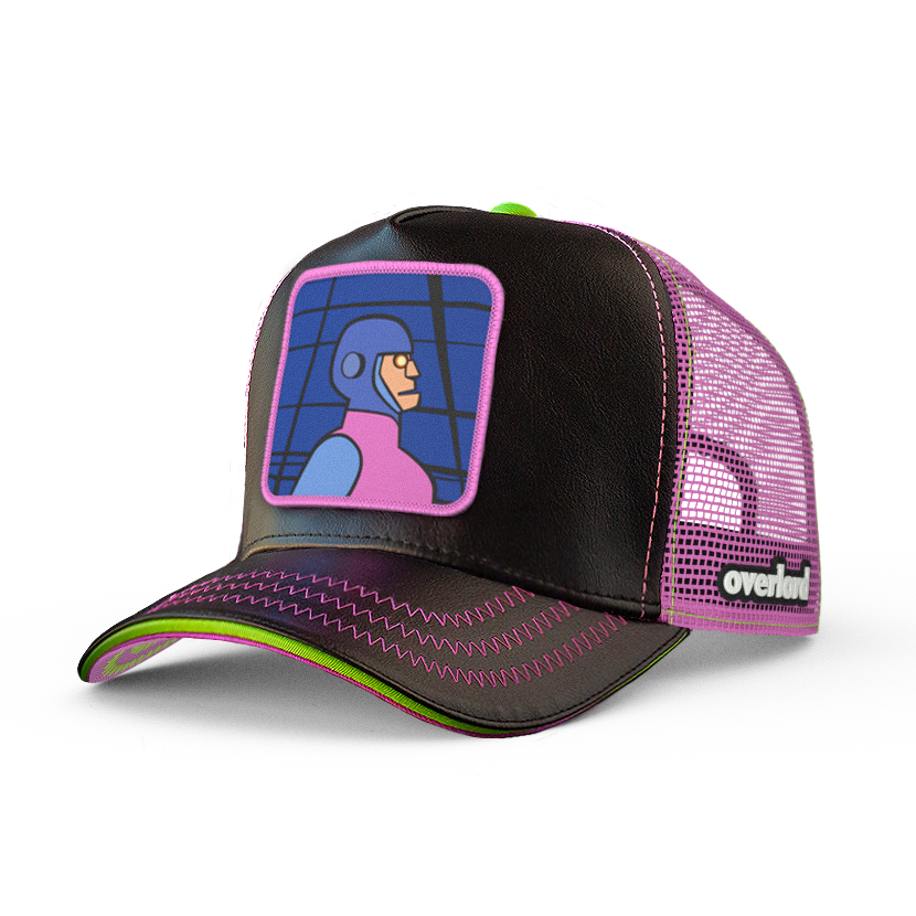 Black faux leather trucker cap with purple mesh featuring a woven patch of Funland Robot villain from Scooby Doo attached to the crown.