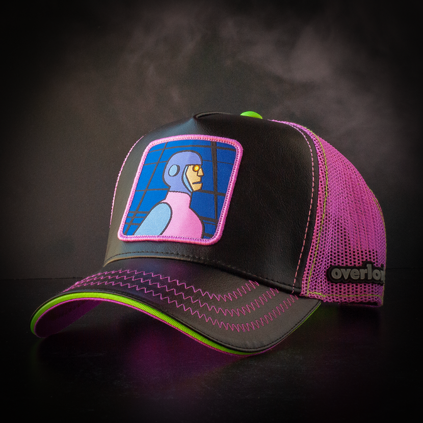 Black faux leather trucker cap with purple mesh featuring a woven patch of Funland Robot villain from Scooby Doo attached to the crown.