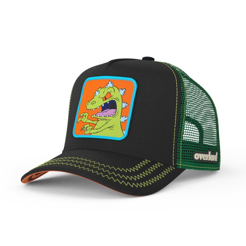 Black OVERLORD X Rugrats Reptar trucker baseball cap hat with green zig zag stitching. PVC Overlord logo.