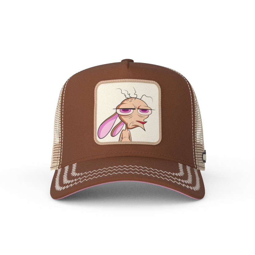 Brown OVERLORD X Ren and Stimpy Ren trucker baseball cap hat with khaki zig zag stitching. PVC Overlord logo.