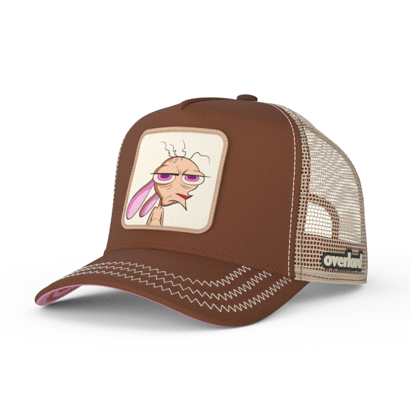 Brown OVERLORD X Ren and Stimpy Ren trucker baseball cap hat with khaki zig zag stitching. PVC Overlord logo.