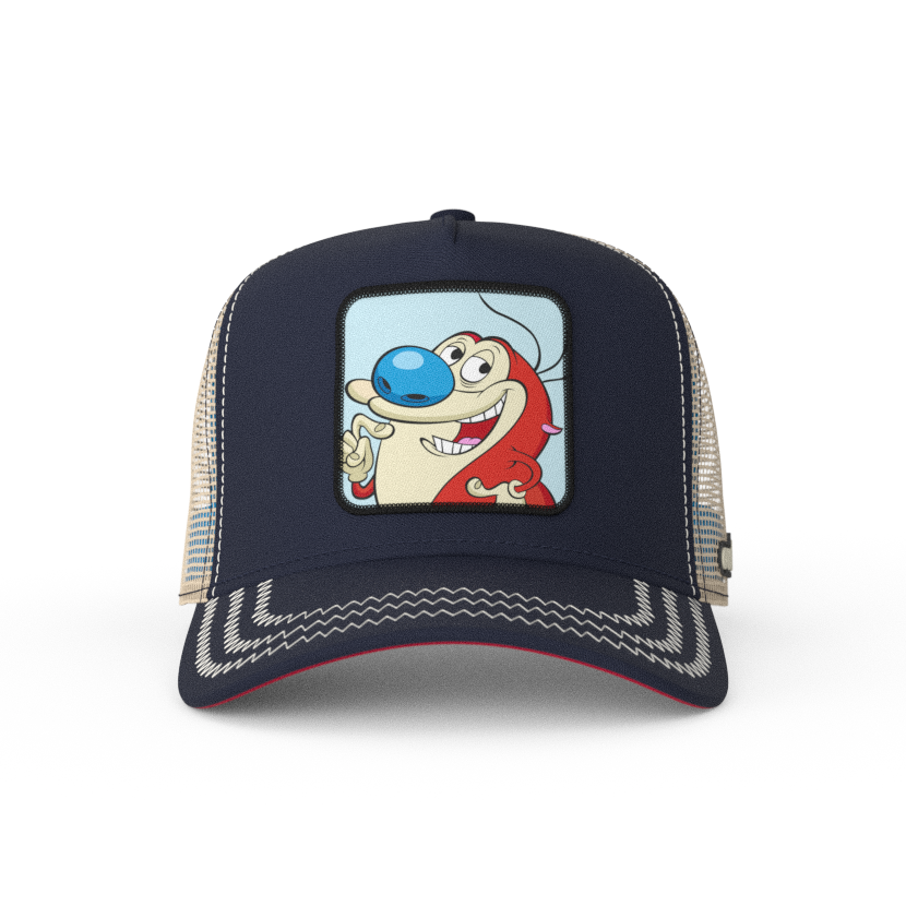 Navy OVERLORD X Ren and Stimpy Stimpy trucker baseball cap hat with khaki zig zag stitching. PVC Overlord logo.