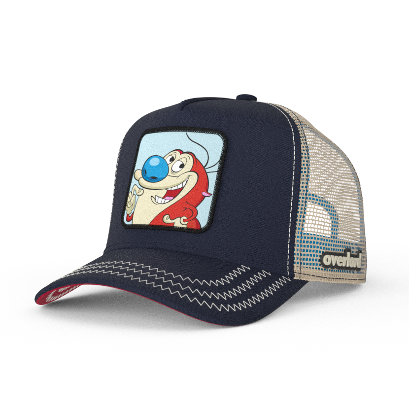 Navy OVERLORD X Ren and Stimpy smiling Stimpy trucker baseball cap hat with khaki zig zag stitching. PVC Overlord logo.