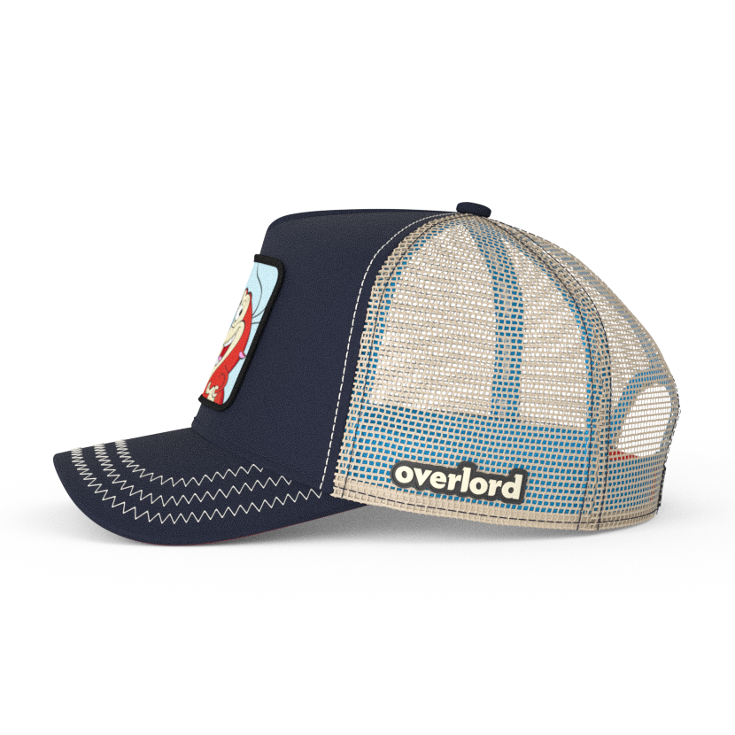 Navy OVERLORD X Ren and Stimpy smiling Stimpy trucker baseball cap hat with khaki mesh. PVC Overlord logo.