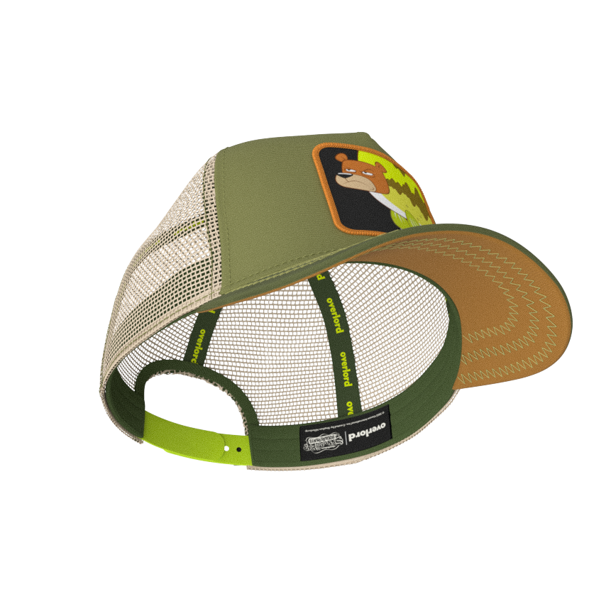 Olive green OVERLORD X SpongeBob Seabear trucker baseball cap hat with dark olive sweatband and light brown under brim.