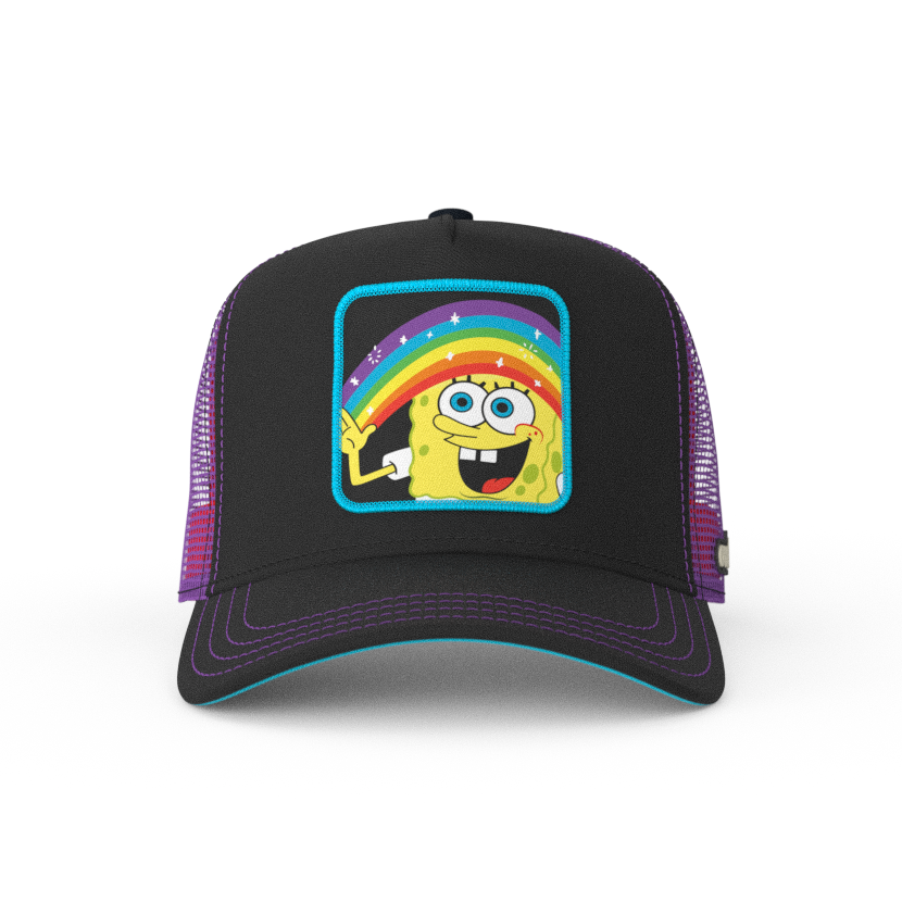 Black OVERLORD X SpongeBob Imagination SpongeBob holding a rainbow trucker baseball cap hat with purple stitching. PVC Overlord logo.