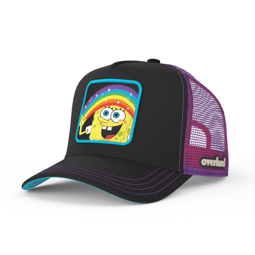 Black OVERLORD X SpongeBob Imagination SpongeBob holding a rainbow trucker baseball cap hat with purple stitching. PVC Overlord logo.