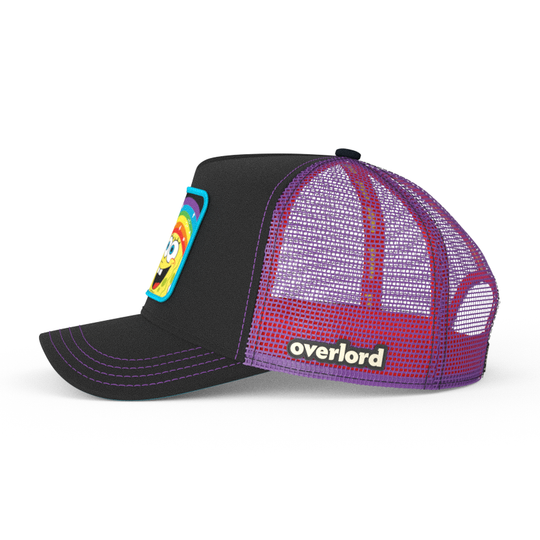 Black OVERLORD X SpongeBob Imagination SpongeBob holding a rainbow trucker baseball cap hat with purple mesh. PVC Overlord logo.