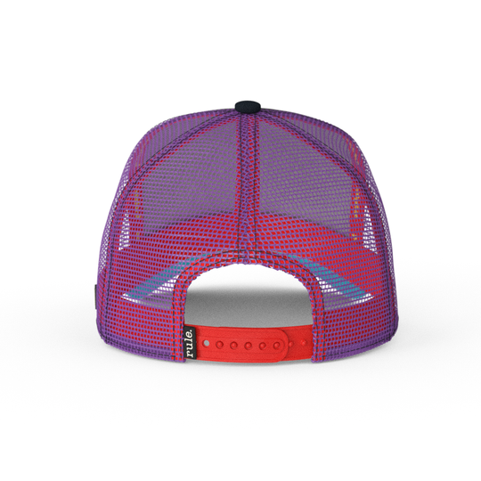 Black OVERLORD X SpongeBob Imagination SpongeBob holding a rainbow trucker baseball cap hat with purple mesh and red adjustable strap. PVC Overlord logo.