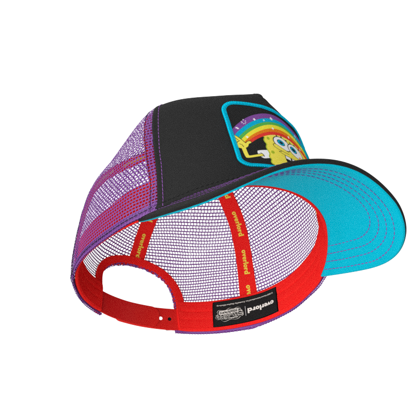 Black OVERLORD X SpongeBob Imagination SpongeBob holding a rainbow trucker baseball cap hat with red sweatband and turquoise under brim.
