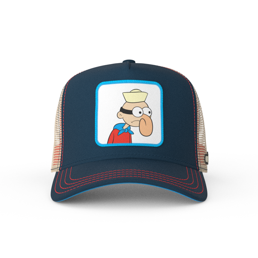 Navy OVERLORD X SpongeBob Barnacle Boy trucker baseball cap hat with red stitching. PVC Overlord logo.