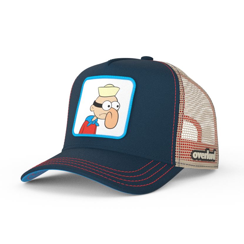 Navy OVERLORD X SpongeBob Barnacle Boy trucker baseball cap hat with red stitching. PVC Overlord logo.