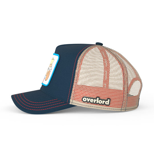 Navy OVERLORD X SpongeBob Barnacle Boy trucker baseball cap hat with khaki mesh. PVC Overlord logo.