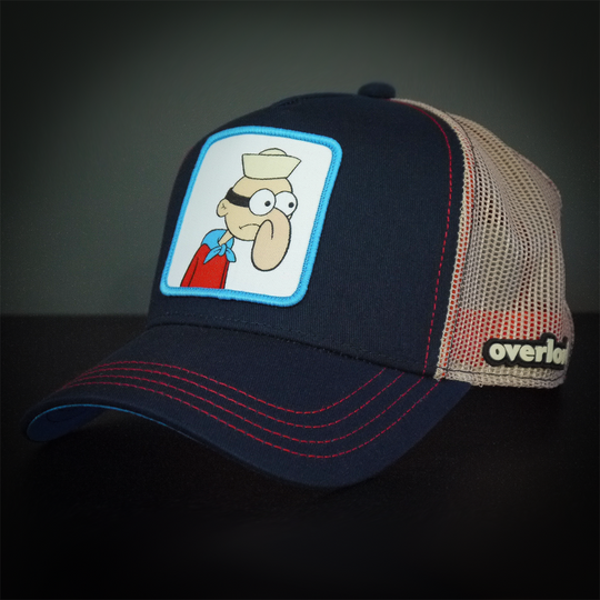 Navy OVERLORD X SpongeBob Barnacle Boy trucker baseball cap hat with red stitching. PVC Overlord logo.