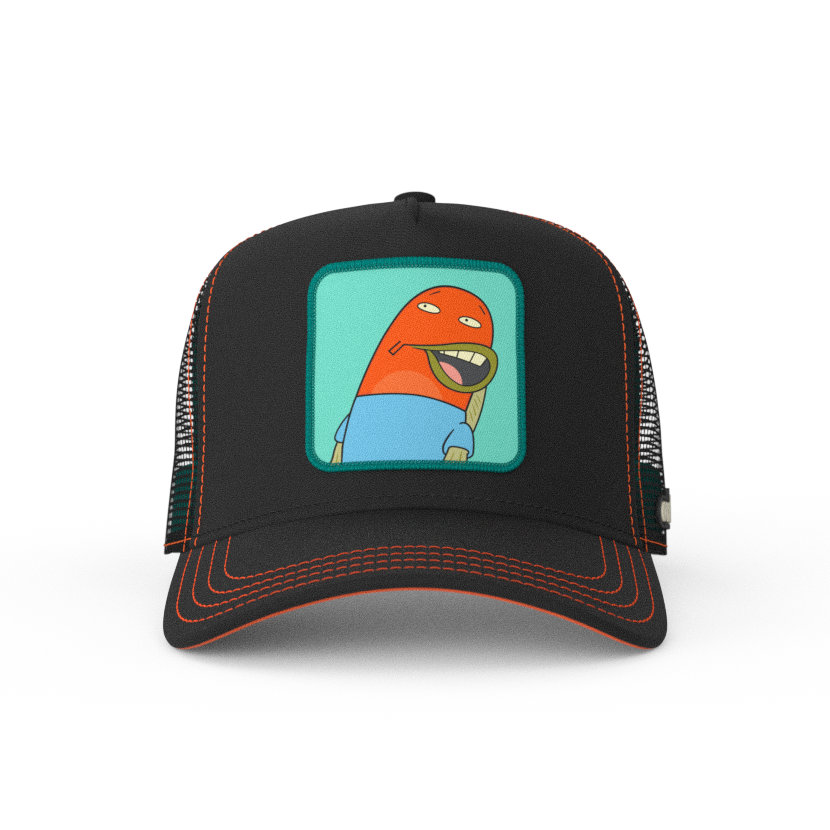 Black OVERLORD X SpongeBob Load of Barnacles fish trucker baseball cap hat with red orange stitching. PVC Overlord logo.