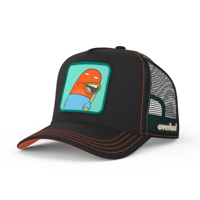 Black OVERLORD X SpongeBob Load of Barnacles fish trucker baseball cap hat with red orange stitching. PVC Overlord logo.
