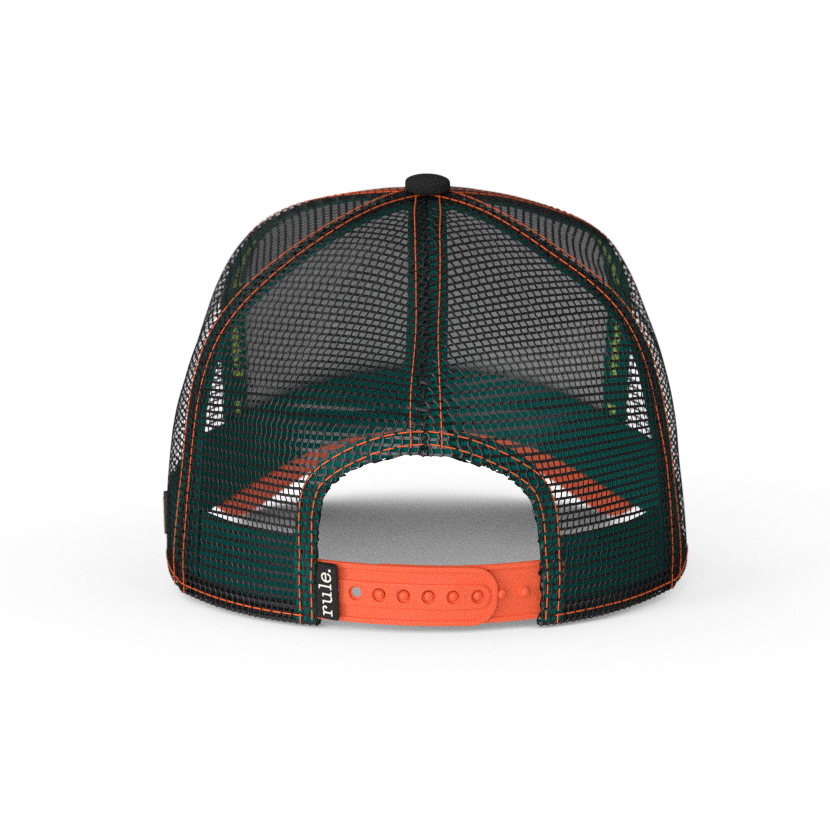 Black OVERLORD X SpongeBob Load of Barnacles fish trucker baseball cap hat with red orange adjustable strap. PVC Overlord logo.