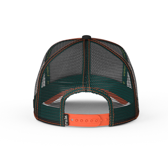 Black OVERLORD X SpongeBob Load of Barnacles fish trucker baseball cap hat with red orange adjustable strap. PVC Overlord logo.