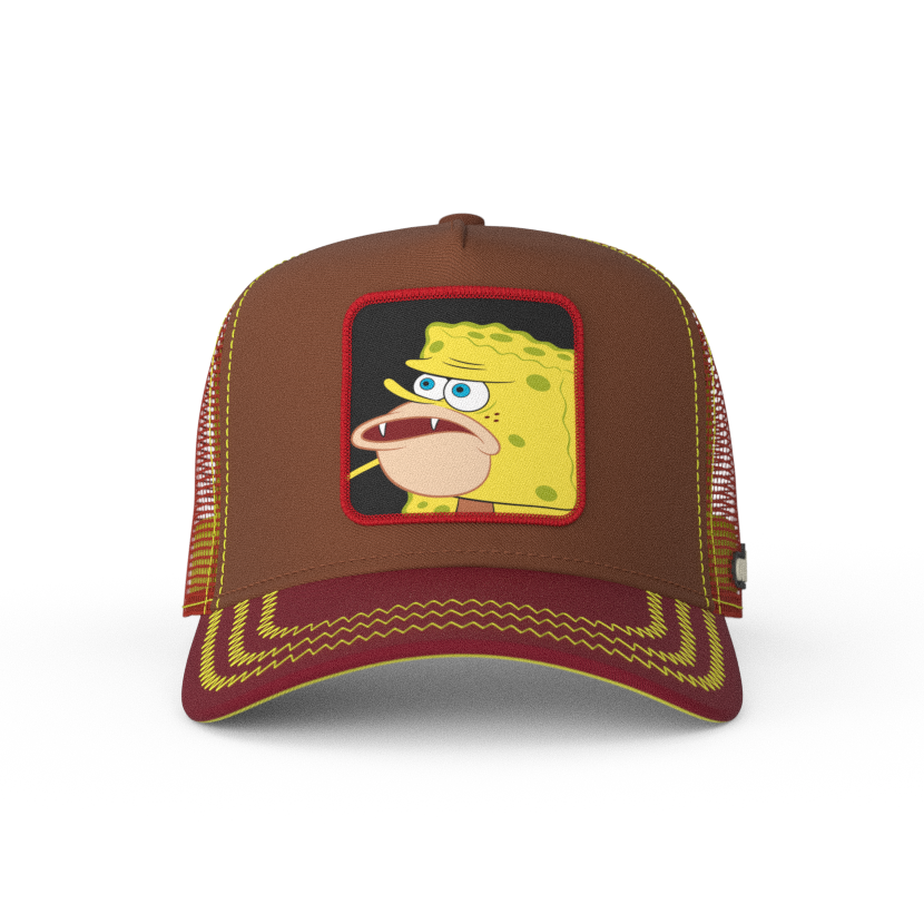 Brown OVERLORD X SpongeBob Caveman SpongeBob meme trucker baseball cap hat with yellow zig zag stitching. PVC Overlord logo.