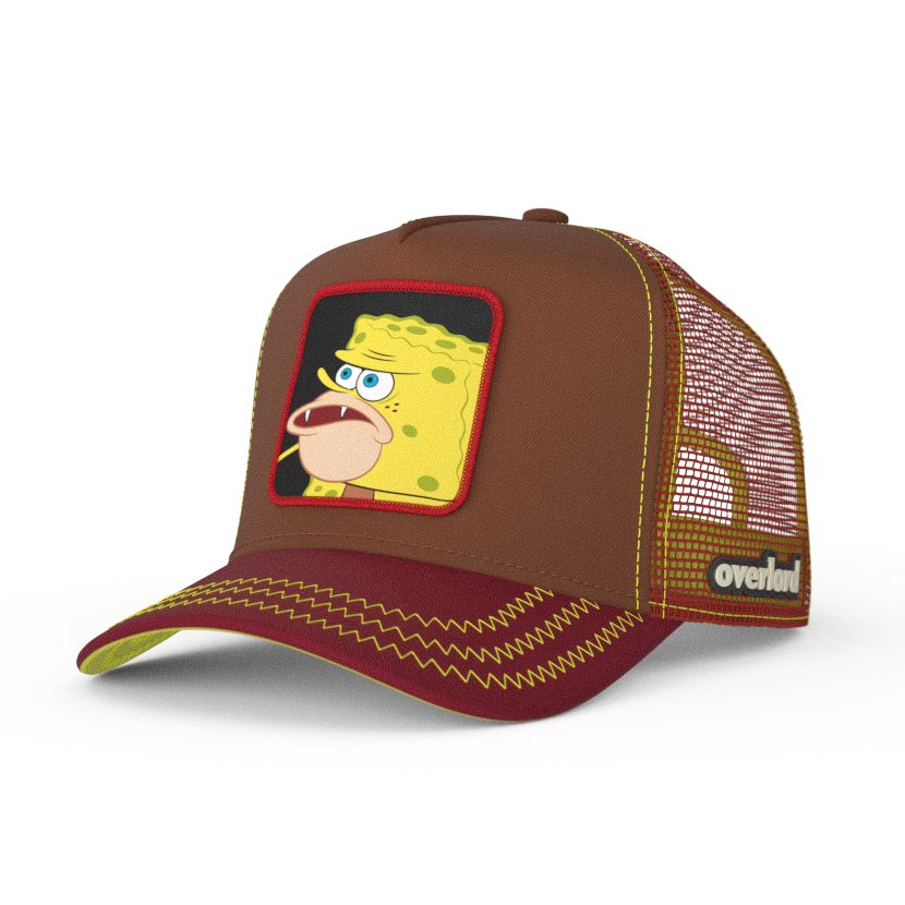 Brown and maroon OVERLORD X SpongeBob Caveman SpongeBob meme trucker baseball cap hat with yellow zig zag stitching. PVC Overlord logo.