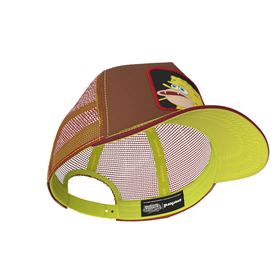 Brown and maroon OVERLORD X SpongeBob Caveman SpongeBob meme trucker baseball cap hat with lime green sweatband and under brim.
