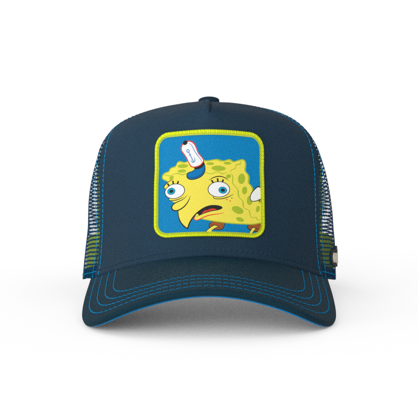 Navy OVERLORD X SpongeBob ChickenBob meme trucker baseball cap hat with blue stitching. PVC Overlord logo.