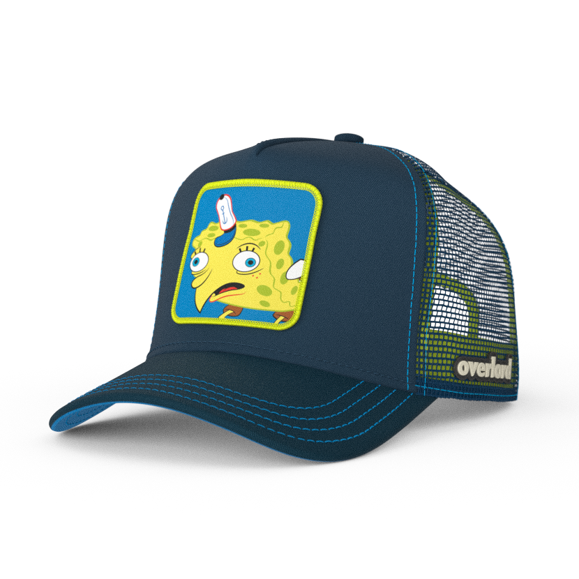 Navy OVERLORD X SpongeBob ChickenBob meme trucker baseball cap hat with blue stitching. PVC Overlord logo.