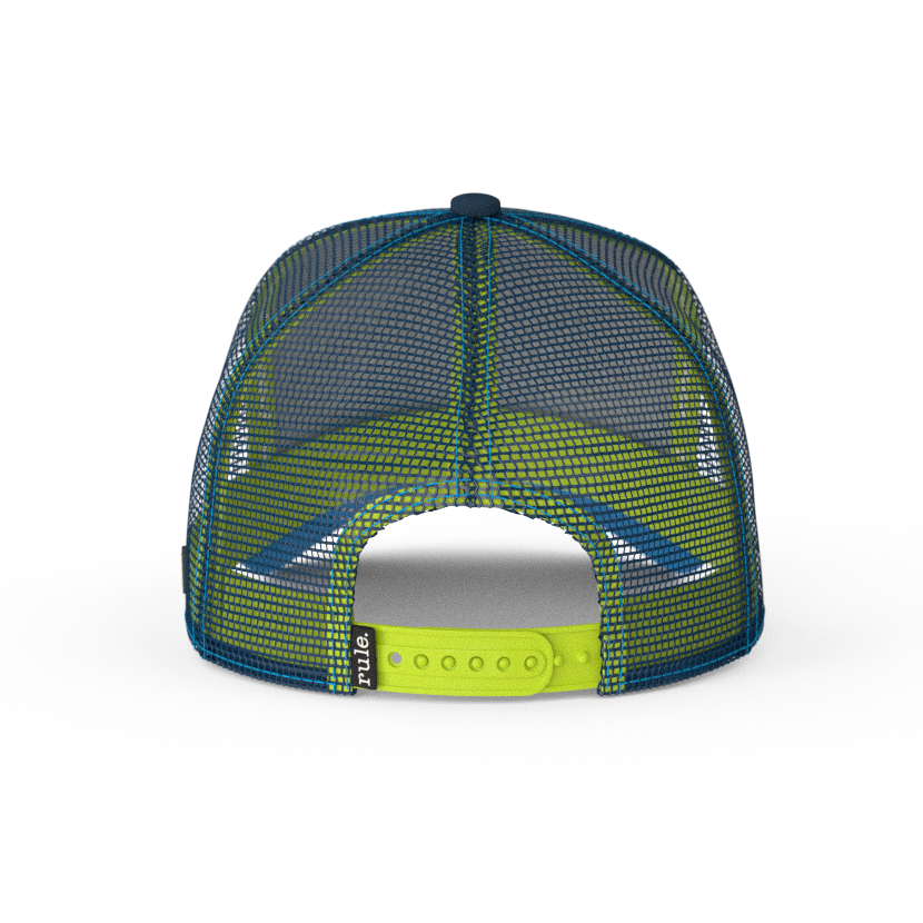 Navy OVERLORD X SpongeBob ChickenBob meme trucker baseball cap hat with navy mesh and lime green adjustable mesh. PVC Overlord logo.