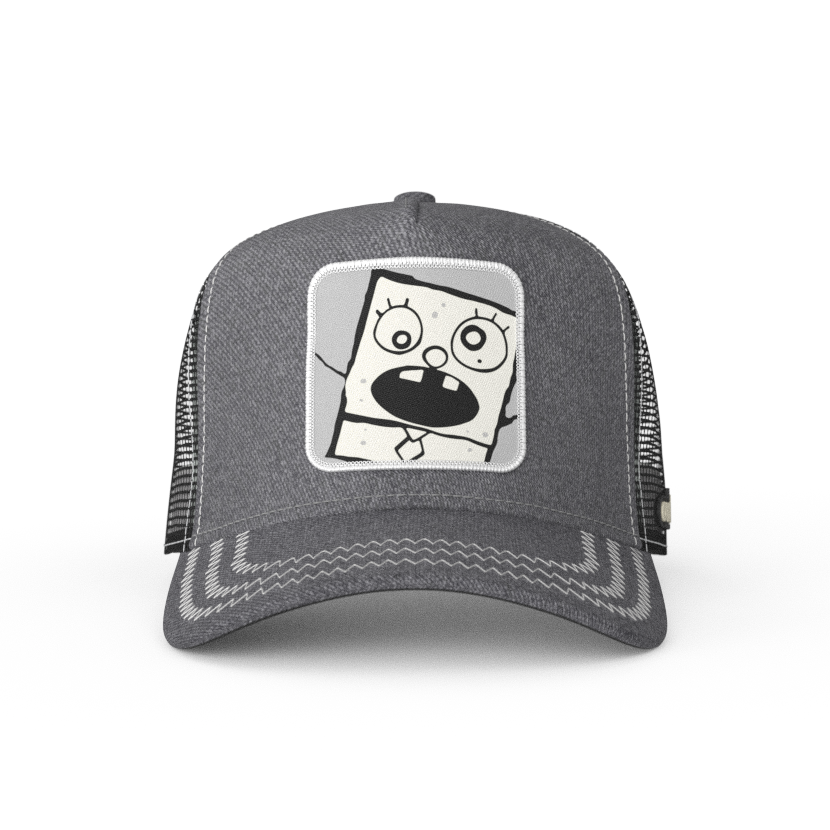 Heather Gray OVERLORD X SpongeBob DoodleBob trucker baseball cap hat with light gray zig zag stitching. PVC Overlord logo.