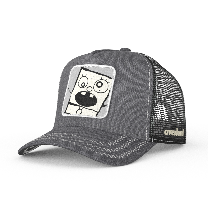 Heather Gray OVERLORD X SpongeBob DoodleBob trucker baseball cap hat with light gray zig zag stitching. PVC Overlord logo.