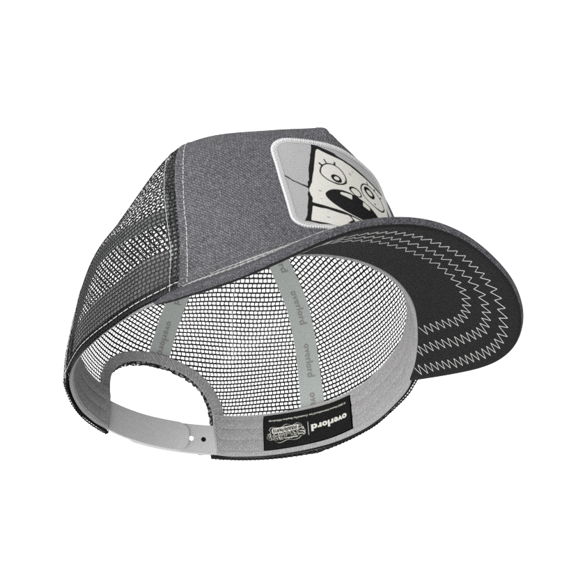 Heather Gray OVERLORD X SpongeBob DoodleBob trucker baseball cap hat with light gray sweatband and dark gray under brim.