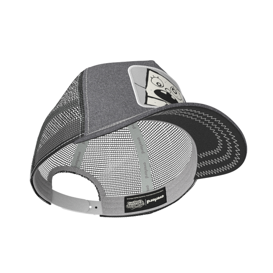 Heather Gray OVERLORD X SpongeBob DoodleBob trucker baseball cap hat with light gray sweatband and dark gray under brim.