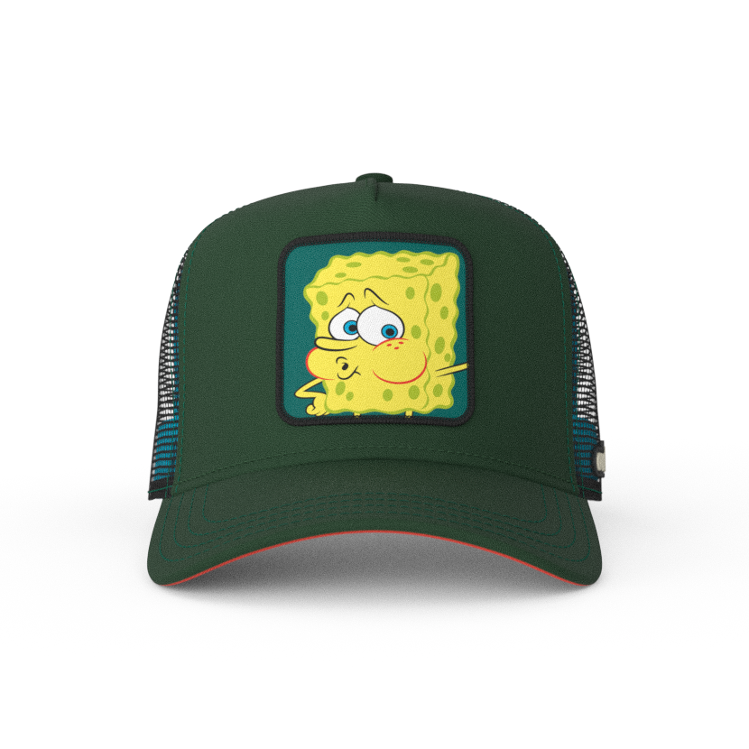 Dark green OVERLORD X SpongeBob exhausted meme trucker baseball cap hat with teal stitching. PVC Overlord logo.