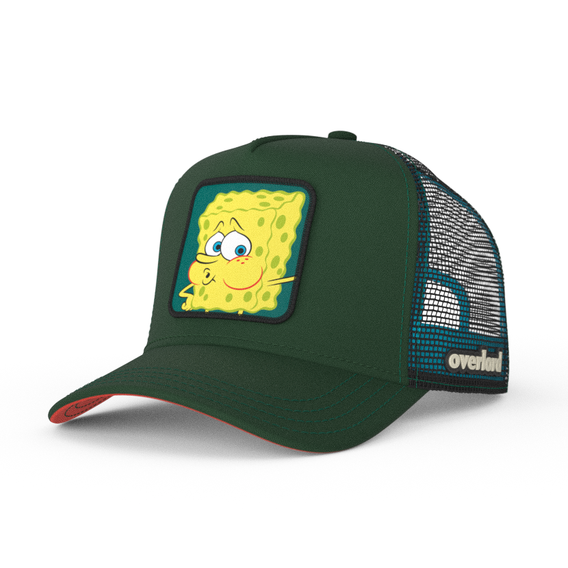 Dark green OVERLORD X SpongeBob exhausted meme trucker baseball cap hat with teal stitching. PVC Overlord logo.