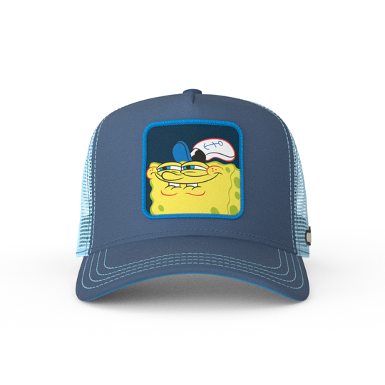 Blue OVERLORD X SpongeBob sneaky smile meme trucker baseball cap hat with light blue stitching. PVC Overlord logo.
