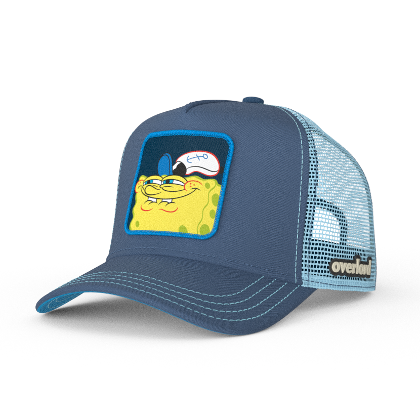 Blue OVERLORD X SpongeBob sneaky smile meme trucker baseball cap hat with light blue stitching. PVC Overlord logo.